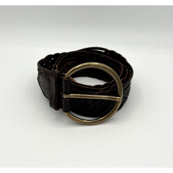 Vtg Womens Brown Leather Woven Braided Belt Round Brass Buckle 1.5”W & 38”L